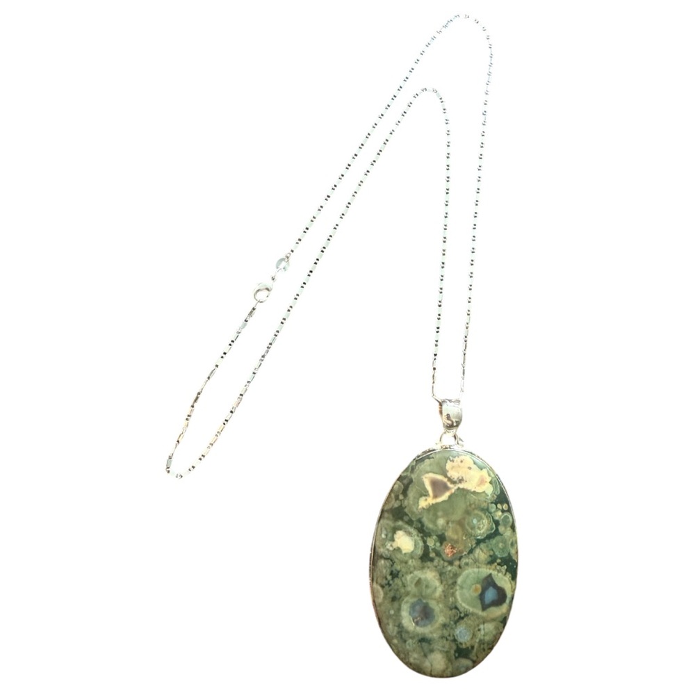 Artisan Made Extra Large Rhyolite and 925 Sterling Silver Pendant Necklace, NWOT